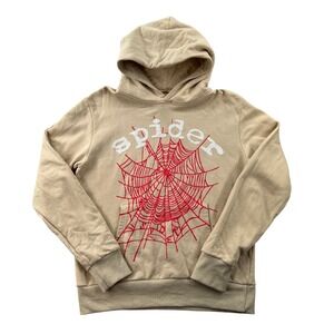 Rare OG Sp5der "Spider" Worldwide Web Hoodie Tan Beige Red Puff Print Mens Small